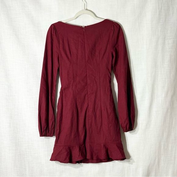 Princess Polly Villa‎ Mini Dress Burgundy Wrap Tie Square Neck Ruffle Hem Size 4 - Picture 7 of 11
